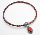American West Braided Brown / Red Jasper Leather Necklace w/Gem & SS Pendant